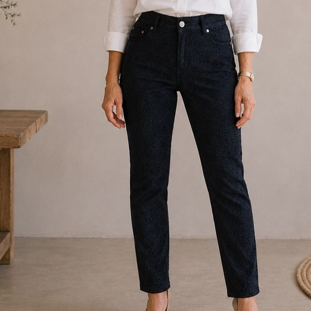 Eileen Fisher Black Tone on Tone 5 Pocket Floral Stretch Pants 12